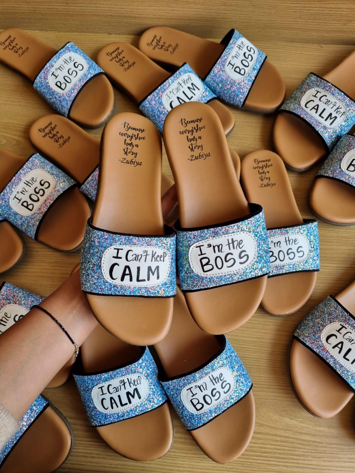 Glitter I Can't Keep Calm I'm the Boss Handpainted Footwear-Brown Base