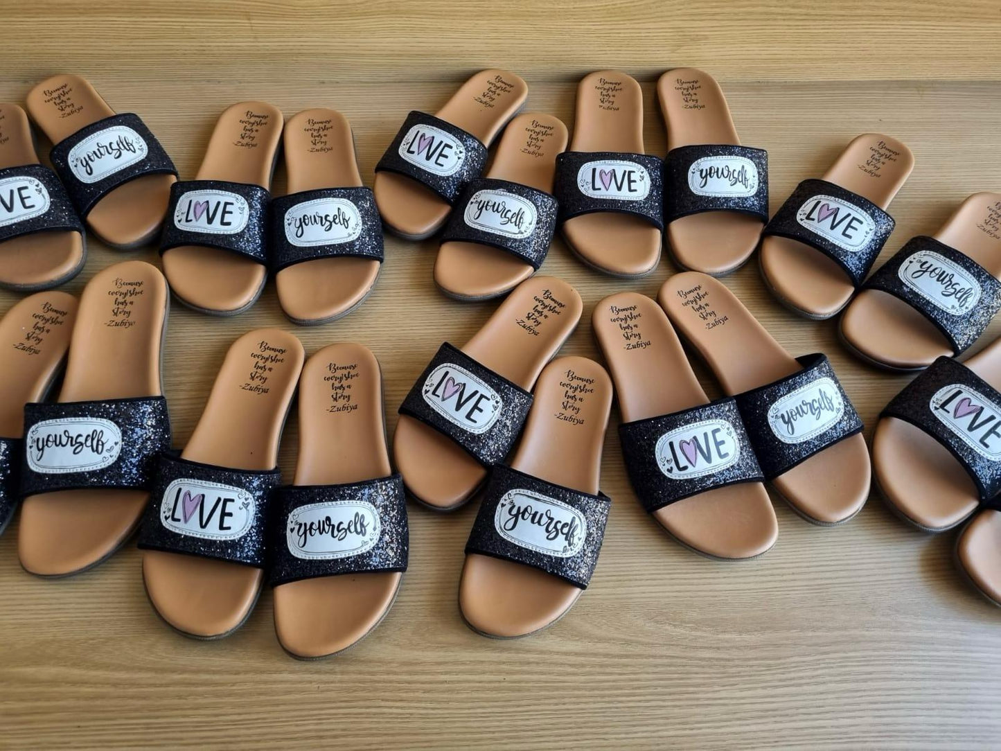 Love Yourself Glitter Handpainted Footwear-Brown Base
