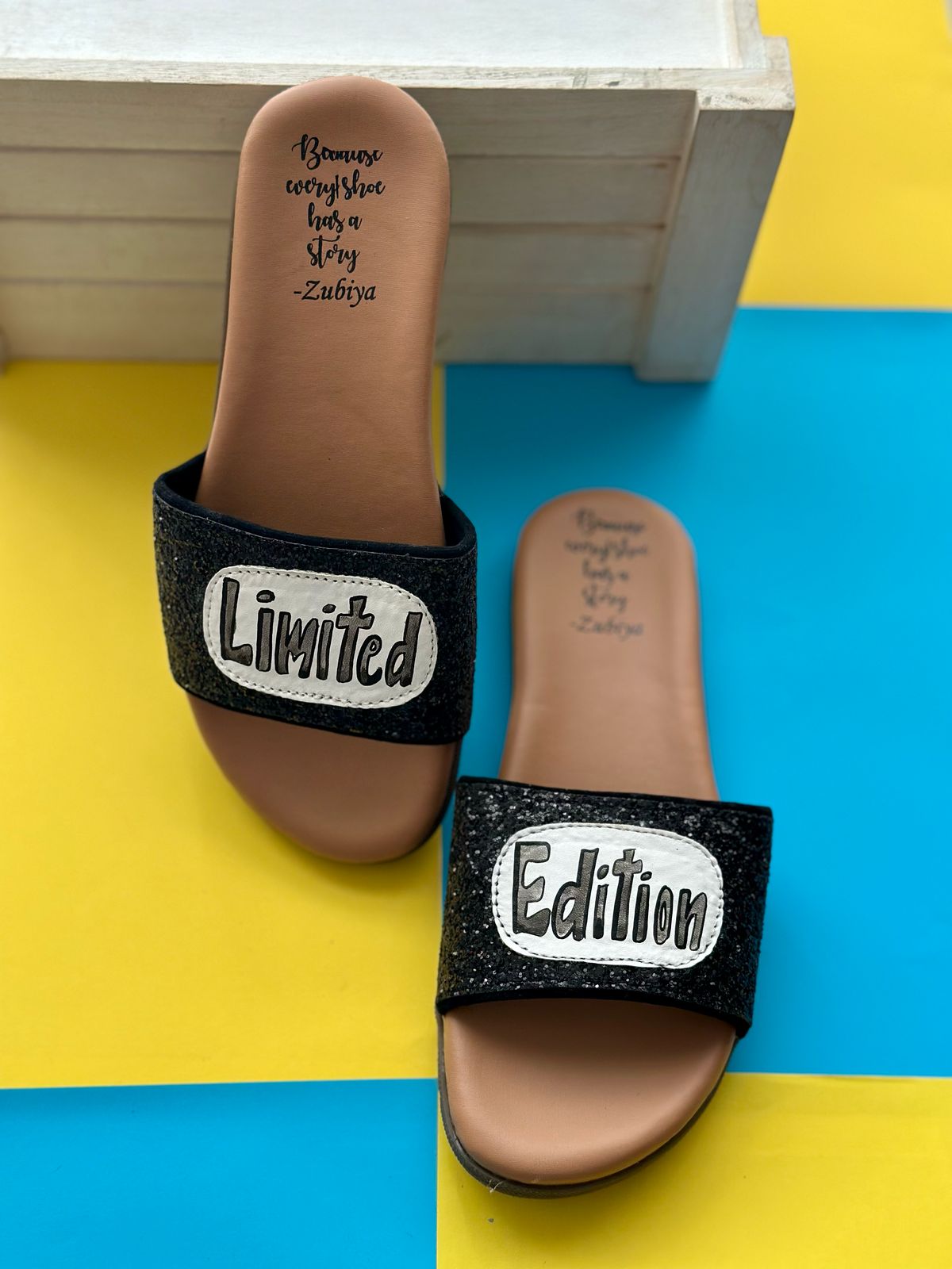 Limited Edition Black Glitter Brown Base Slides