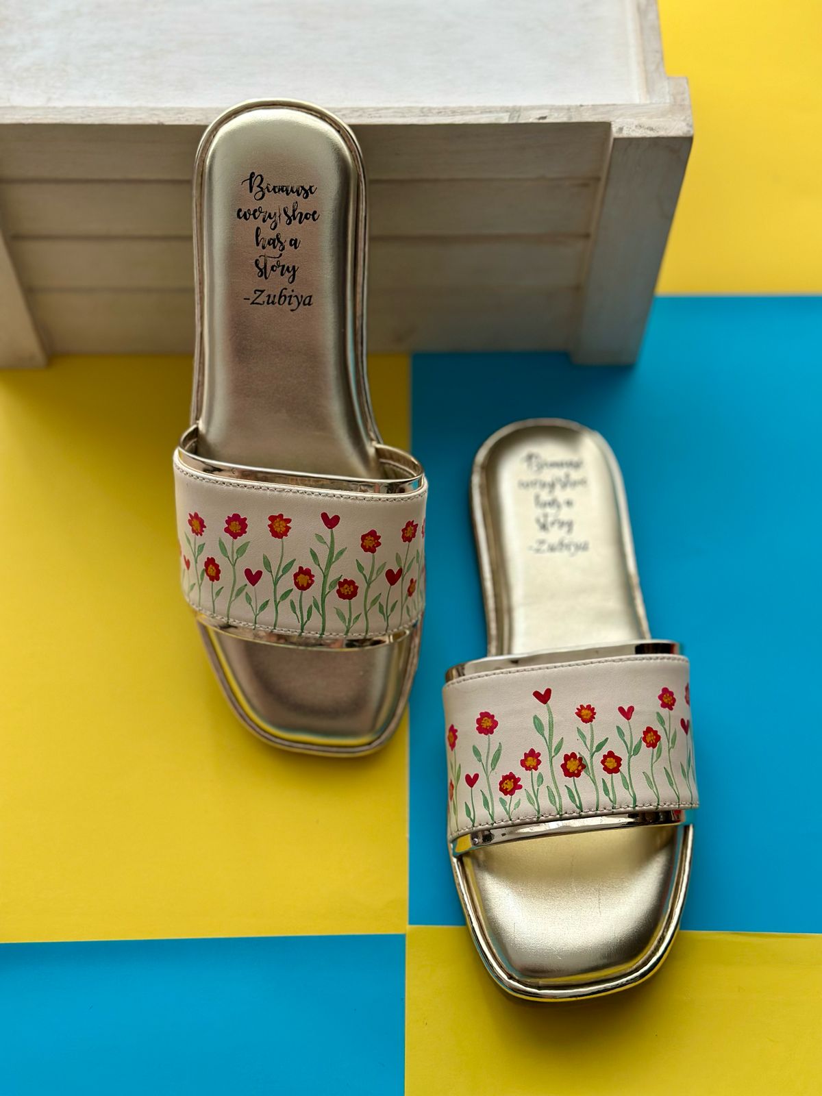 Hello Beautiful Floral Details Gold Base Flats