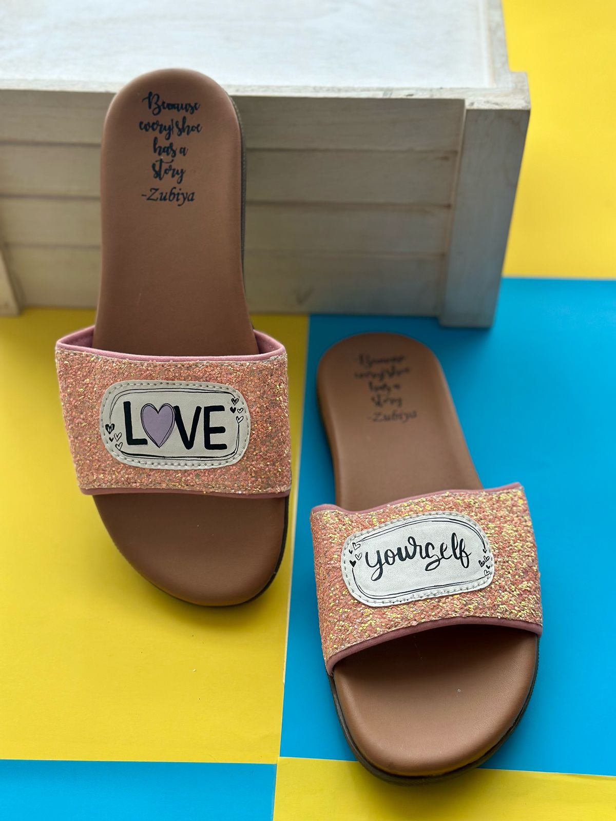 Love Yourself Glitter Handpainted Footwear-Brown Base