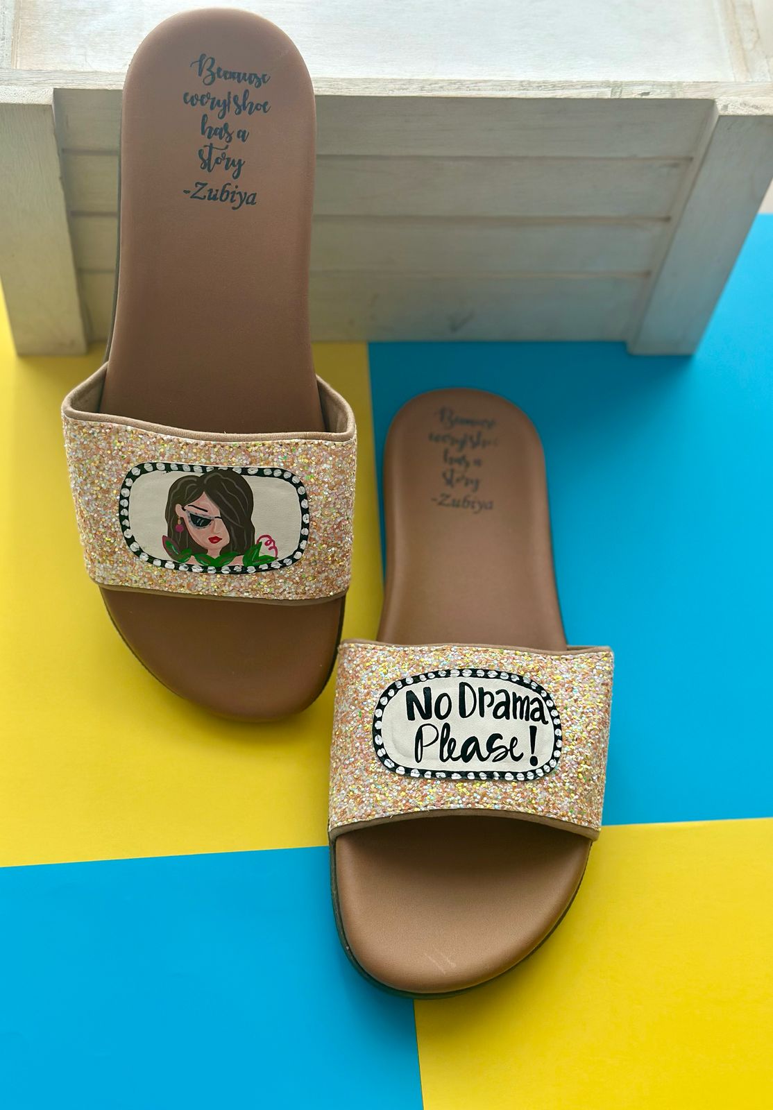 No Drama Please Peach Glitter Brown Base Slides