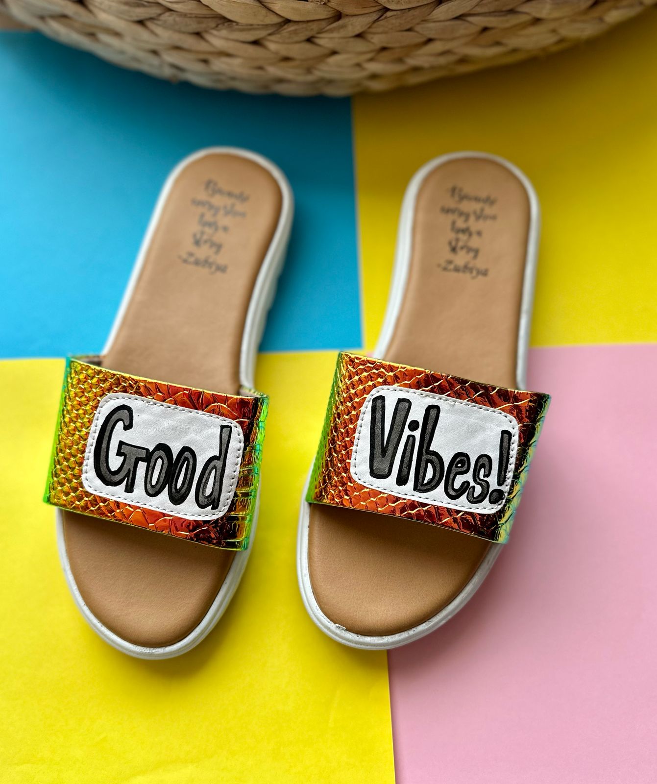 Good Vibes Holographic White Base Slides