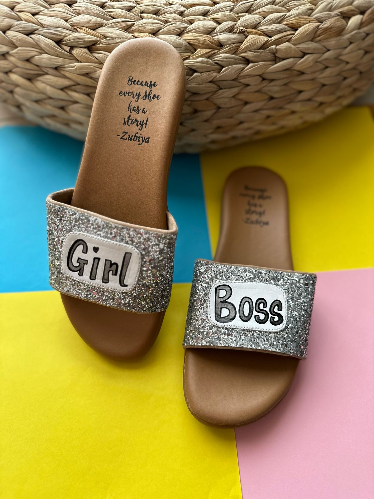Girl Boss Silver Glitter Brown Base Slides