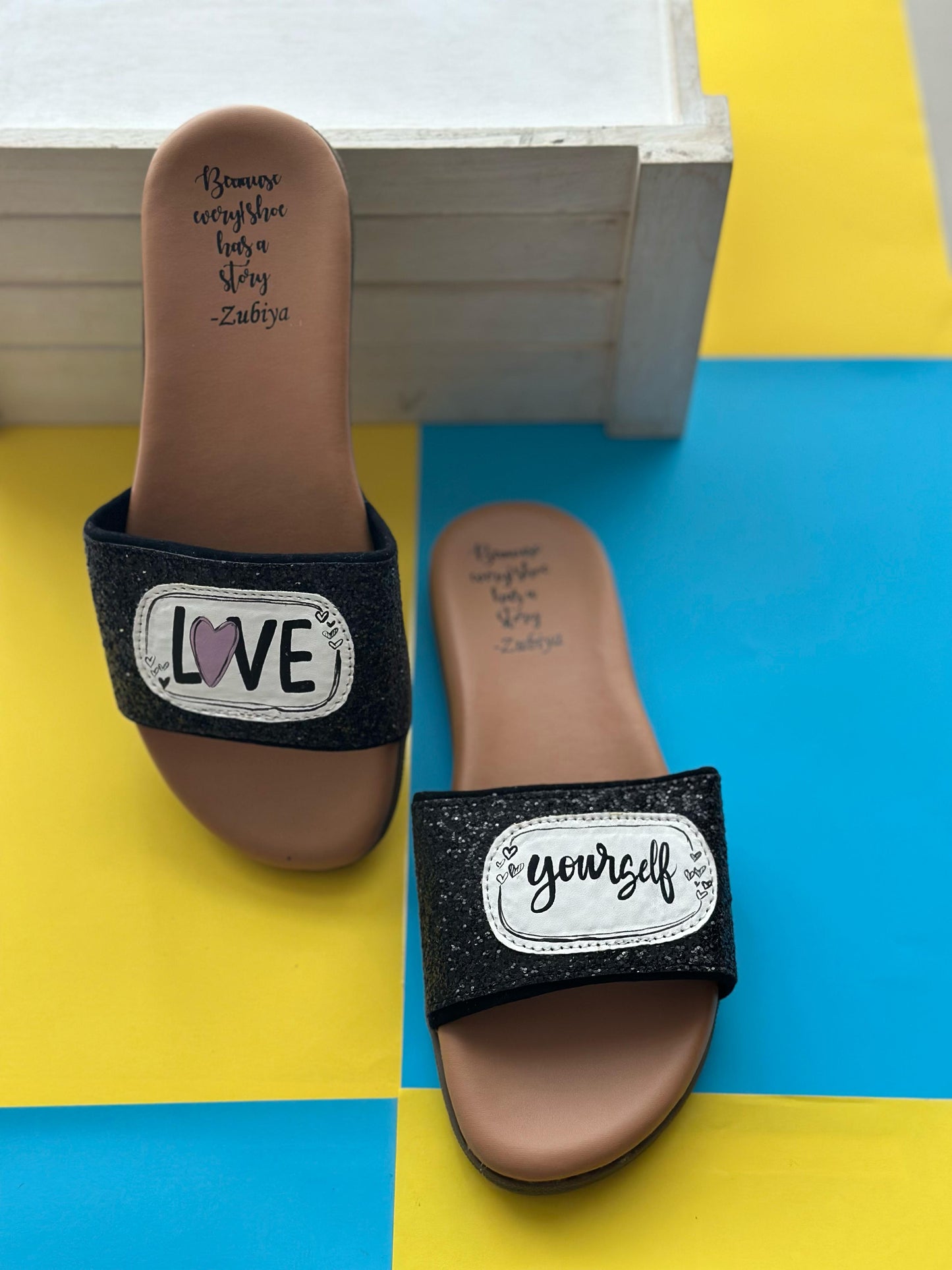 Love Yourself Glitter Handpainted Footwear-Brown Base