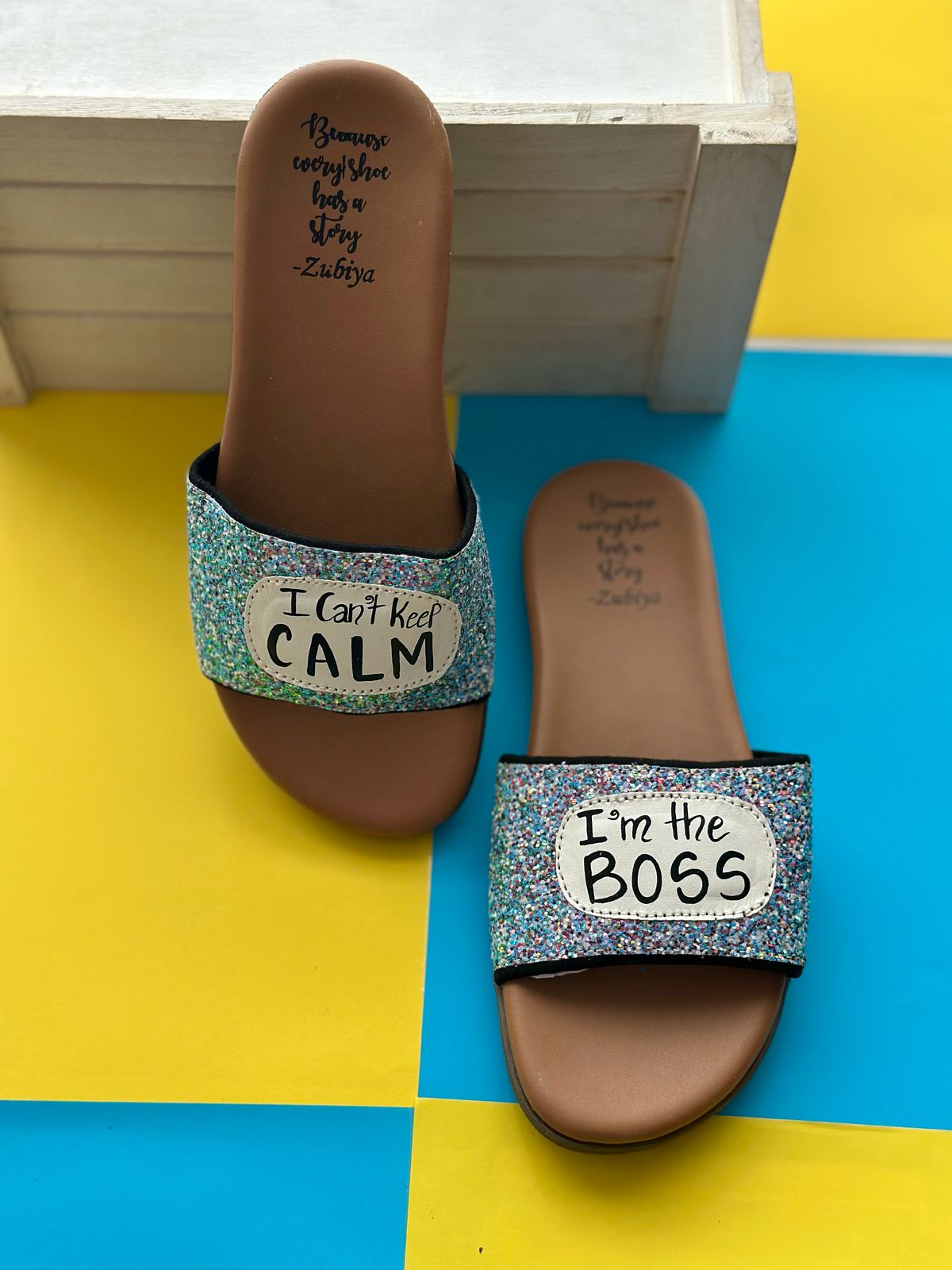 Glitter I Can't Keep Calm I'm the Boss Handpainted Footwear-Brown Base