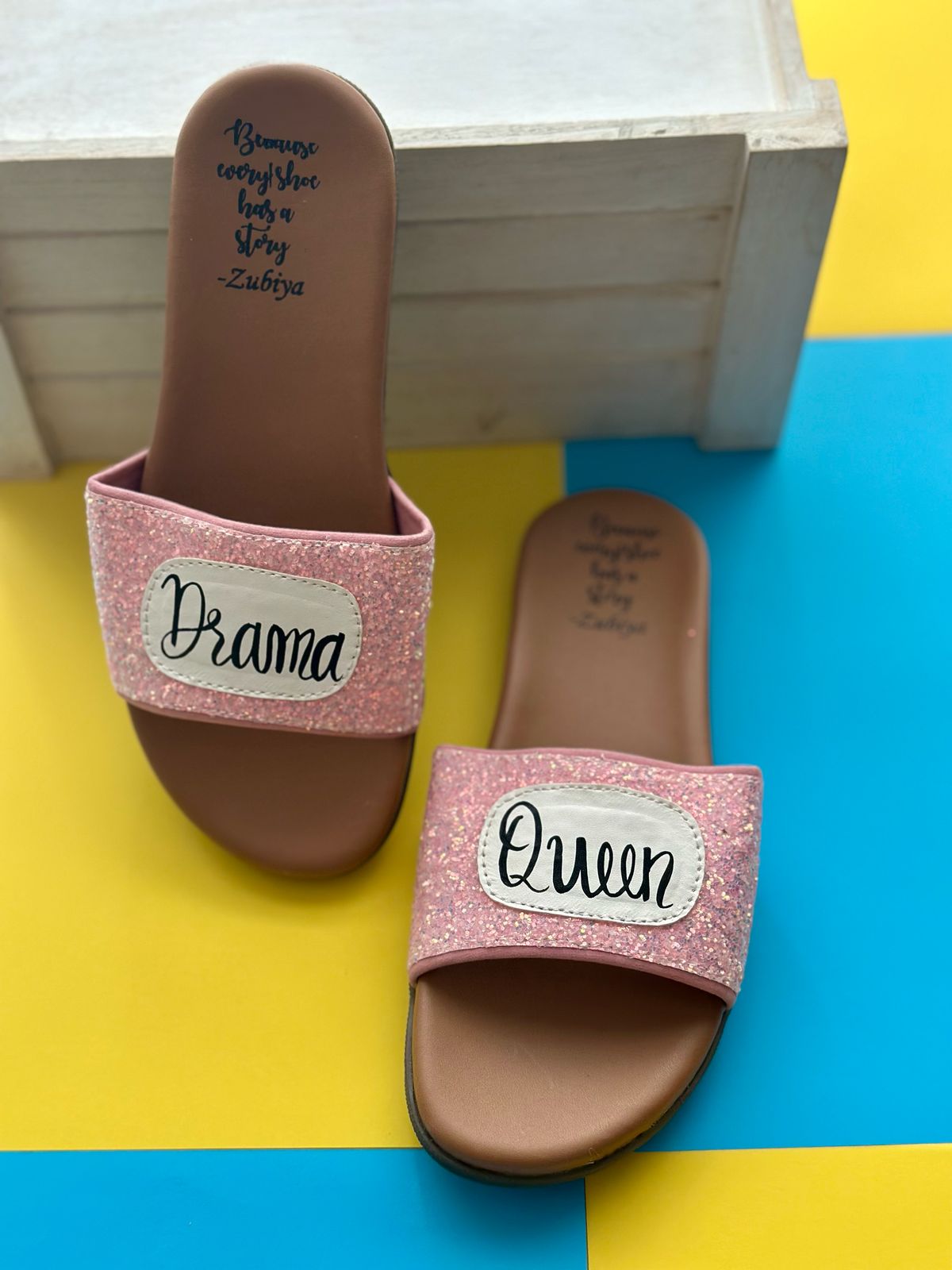 Drama Queen Pink Glitter Handpainted Footwear-Brown Base