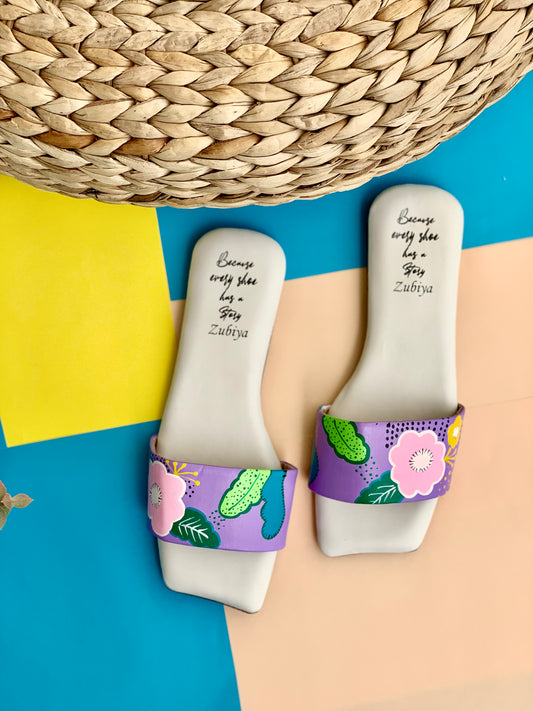 Purple Floral Handpainted Footwear-Square Toe