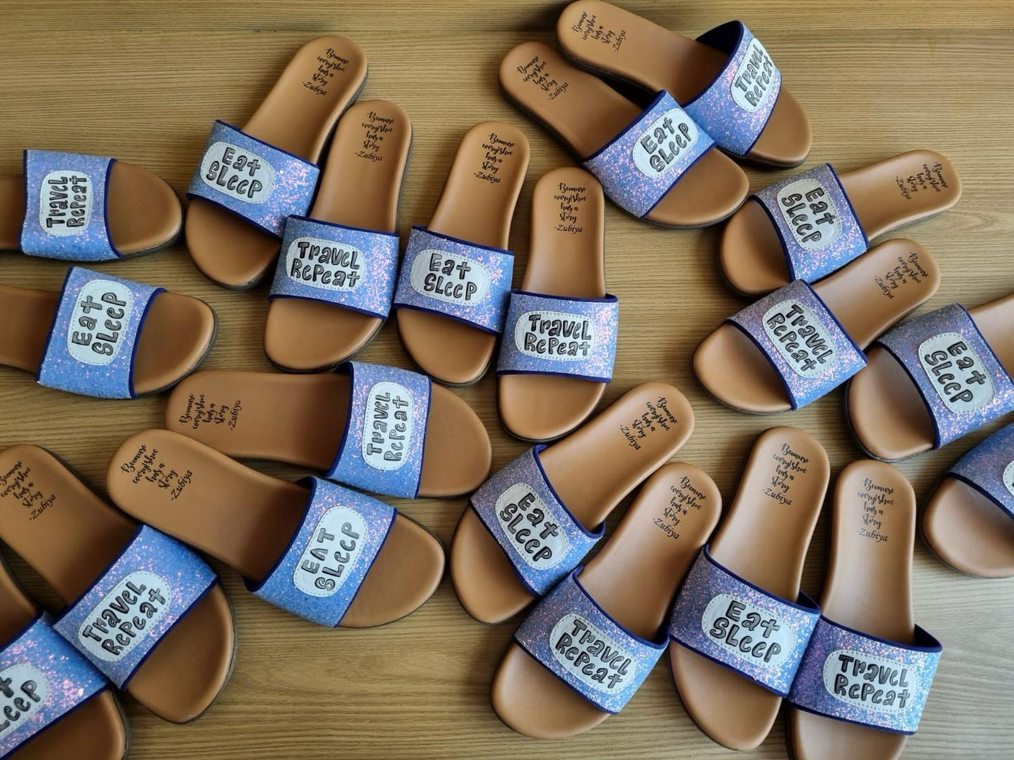 Eat Sleep Travel Repeat Glitter Handpainted Footwear-Brown Base