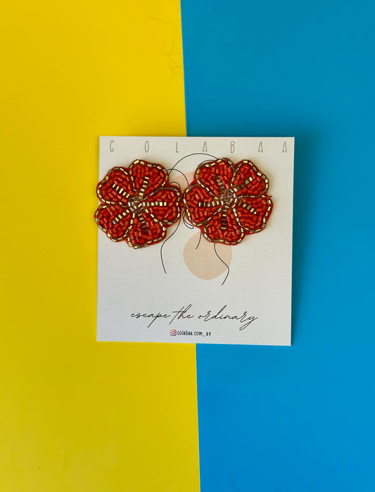 Flower Beaded Earrings Red
