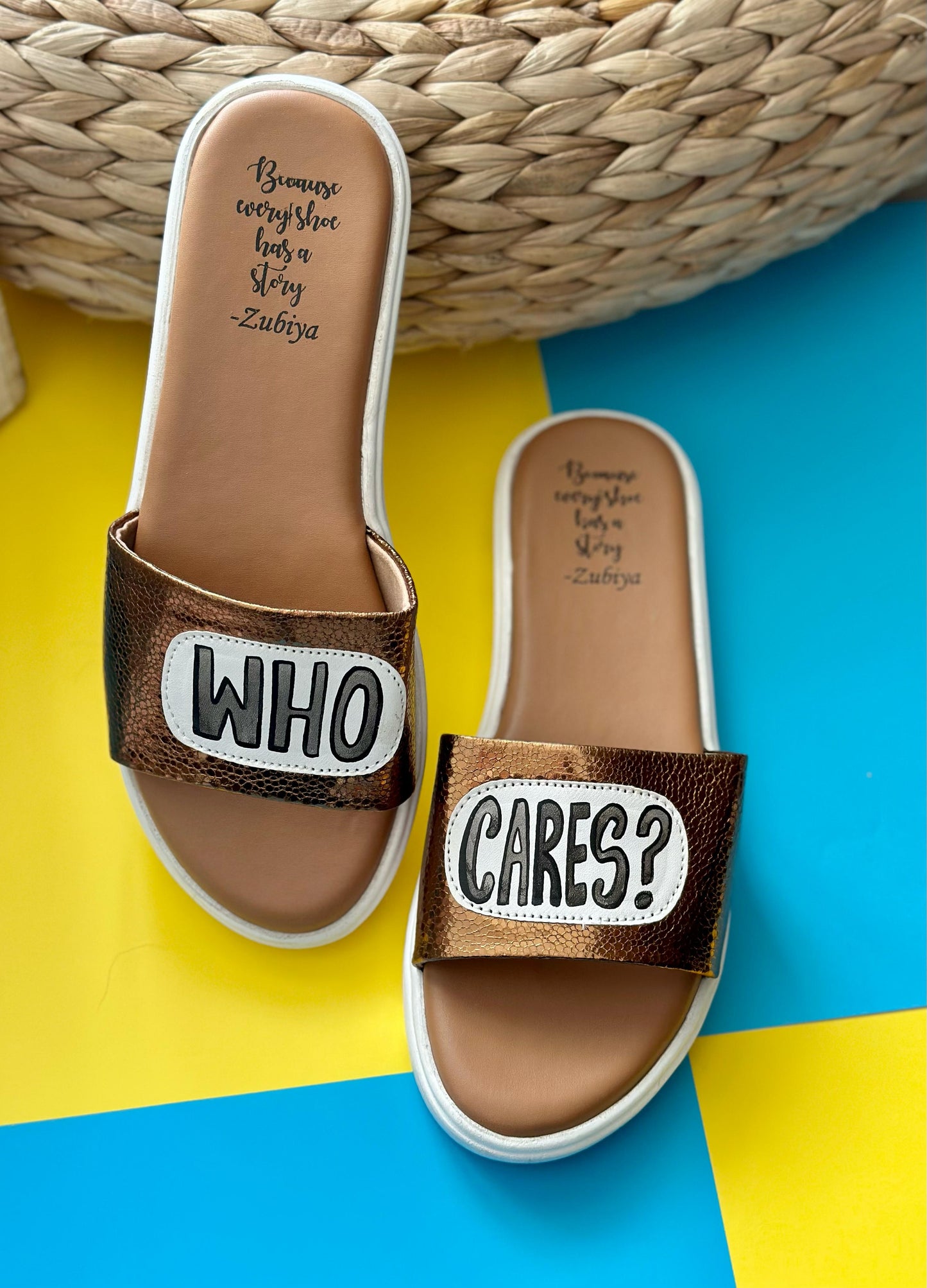 Who Cares Brass Gold Handpainted Footwear-White Base