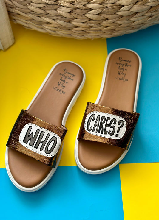 Who Cares Brass Gold Handpainted Footwear-White Base