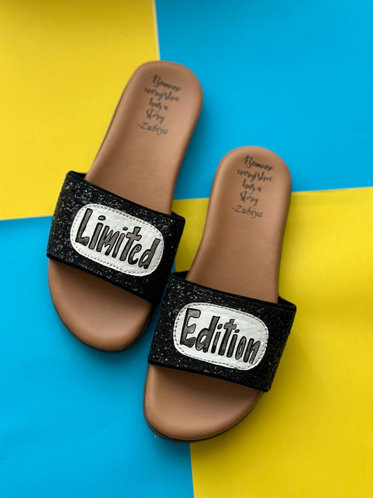 Limited Edition Black Glitter Brown Base Slides