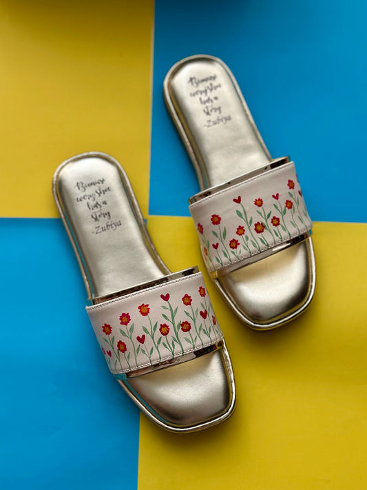 Hello Beautiful Floral Details Gold Base Flats