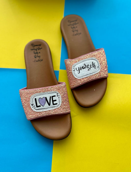 Love Yourself Glitter Handpainted Footwear-Brown Base