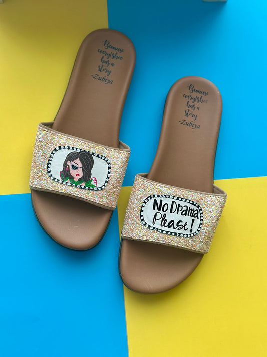 No Drama Please Peach  Glitter Brown Base Slides