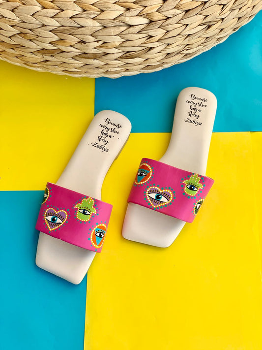 Evil Eye AOP Pink Square Toe Slides