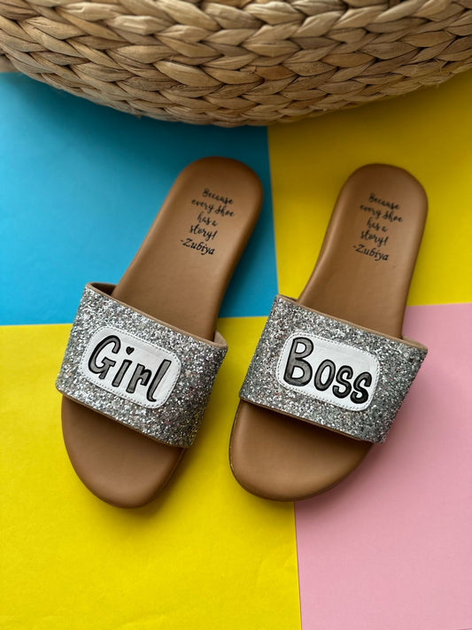 Girl Boss Silver Glitter Brown Base Slides