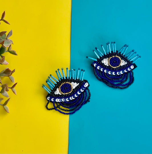 Blue Beaded Evil Eye Earrings With Chain Drop