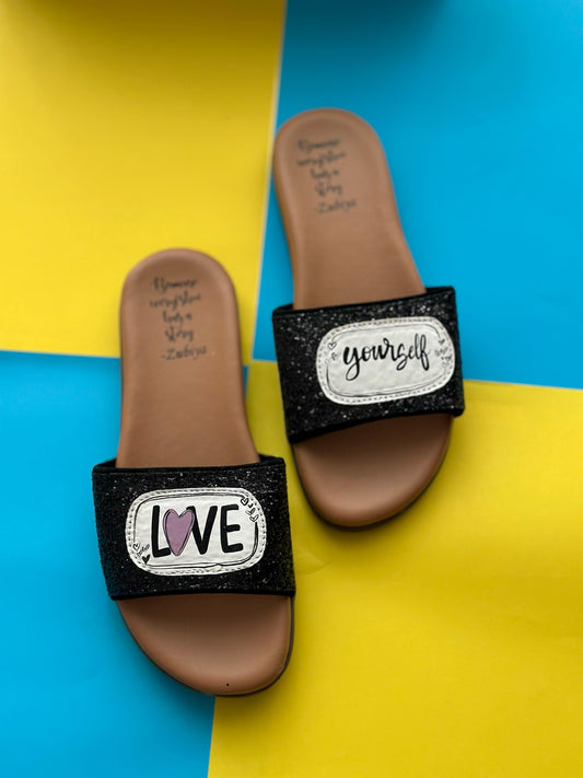 Love Yourself Glitter Handpainted Footwear-Brown Base