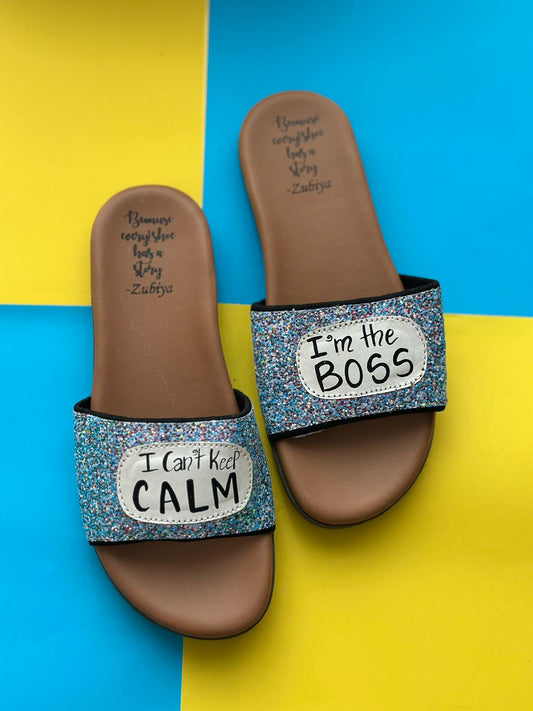Glitter I Can't Keep Calm I'm the Boss Handpainted Footwear-Brown Base
