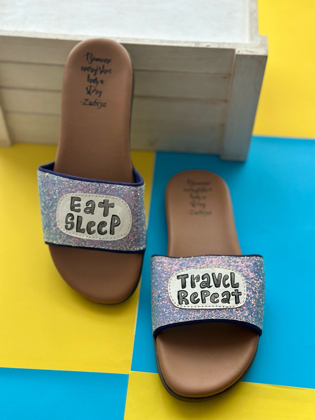 Eat Sleep Travel Repeat Glitter Handpainted Footwear-Brown Base