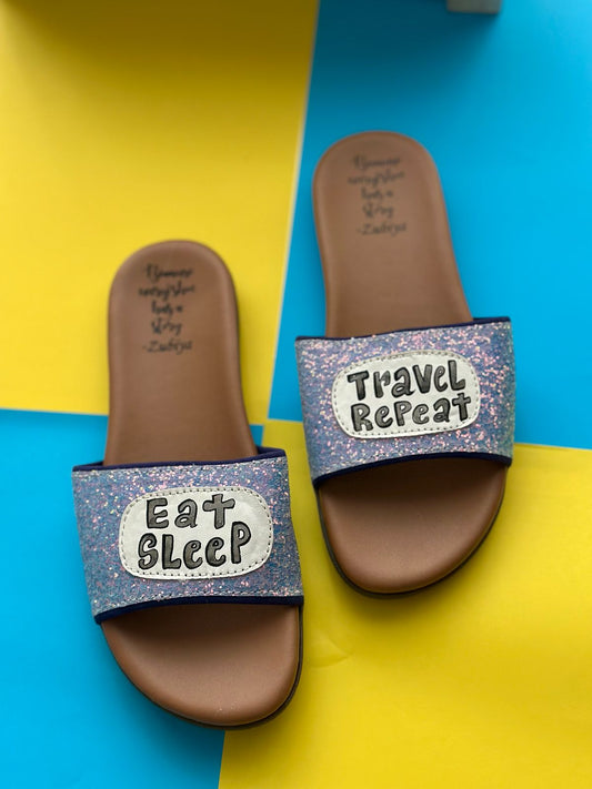 Eat Sleep Travel Repeat Glitter Handpainted Footwear-Brown Base