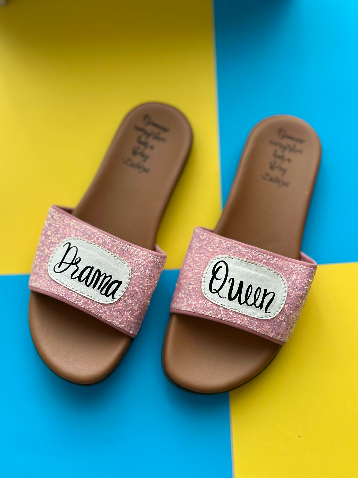 Drama Queen Pink Glitter Handpainted Footwear-Brown Base